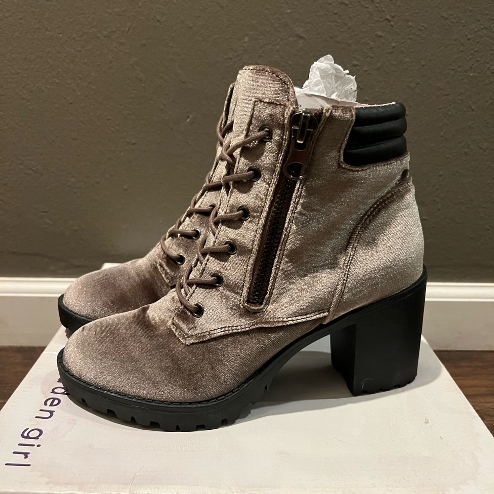 Madden Girl Taupe Velvet Lace-Up Boots